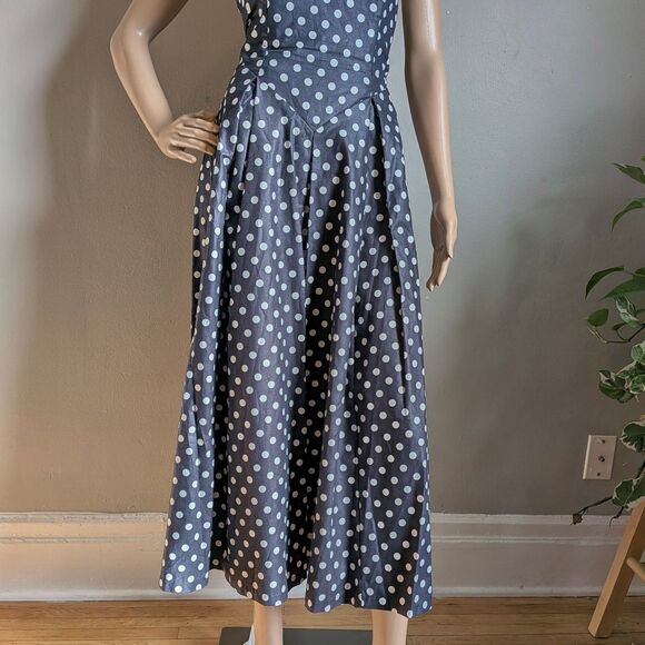 Vintage 90s Laura Ashley Navy Blue Polka Dot Midi Dress Sailor Picnic Size 10 - Picture 4 of 11
